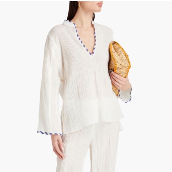 Tory Burch White Gauze Beach Top Blue Crochet Trim Size M NWOT - Picture 2 of 9